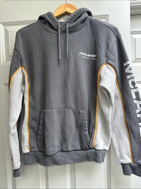 Hollister McLaren Gray Pullover Hoodie with White & Orange Trim